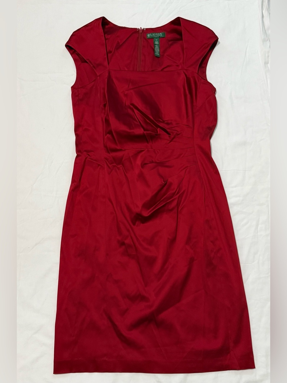 Lauren Ralph Lauren Dress Women’s 14 Red Ruched Square Neck Sheath Cocktail